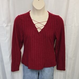 Red Ribbed V-Neck Sweater